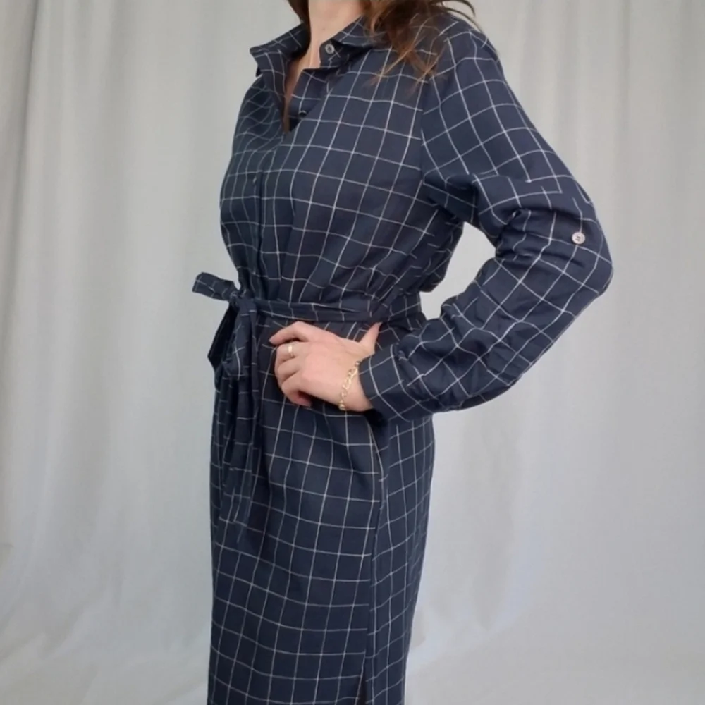 Dress Forum Navy Blue and White Windowpane Midi Shirt Dress Size Small - Picture 5 of 5